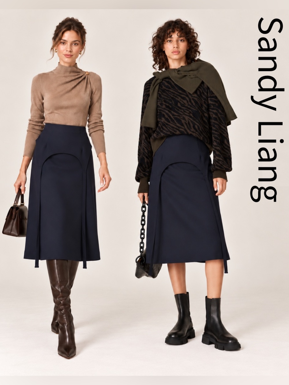 Sandy Liang Alper Skirt Navy Garter Midi Skirt Futuristic Designer Aline Modern